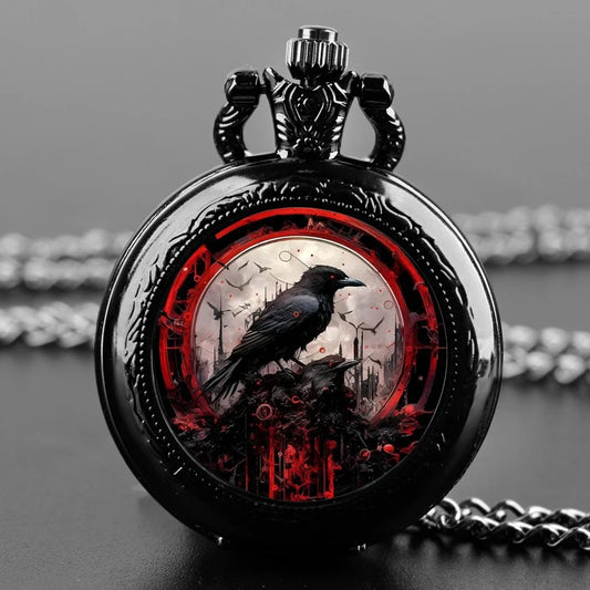Exquisite Vintage Crows Quartz Pocket Watch - Necklace Pendant With World Time Feature, Alloy Case, Ideal Gift For Men & Women