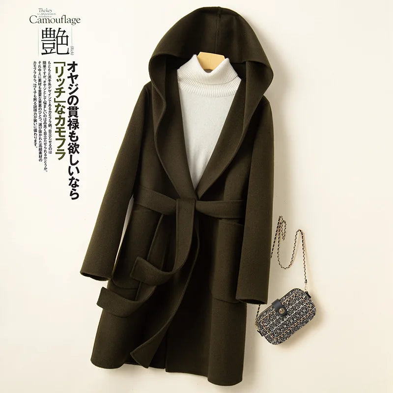 Women Double-sided Middle Long Length Woolen Hoodie Coat With Belt Lace Up Hooded Slimming Wool Jacket Autumn Winter Outerwear