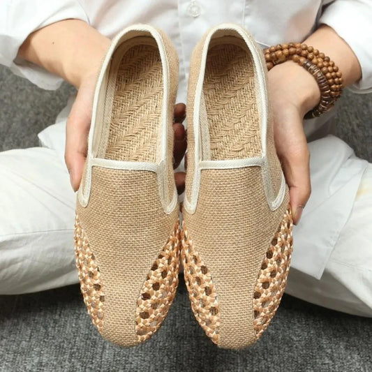 Chinese Style Hollow Summer Breathable Sweat-Absorbing Beef tendon Bottom Soft Bottom Linen Canvas M,en's Slip-On Men's Shoes