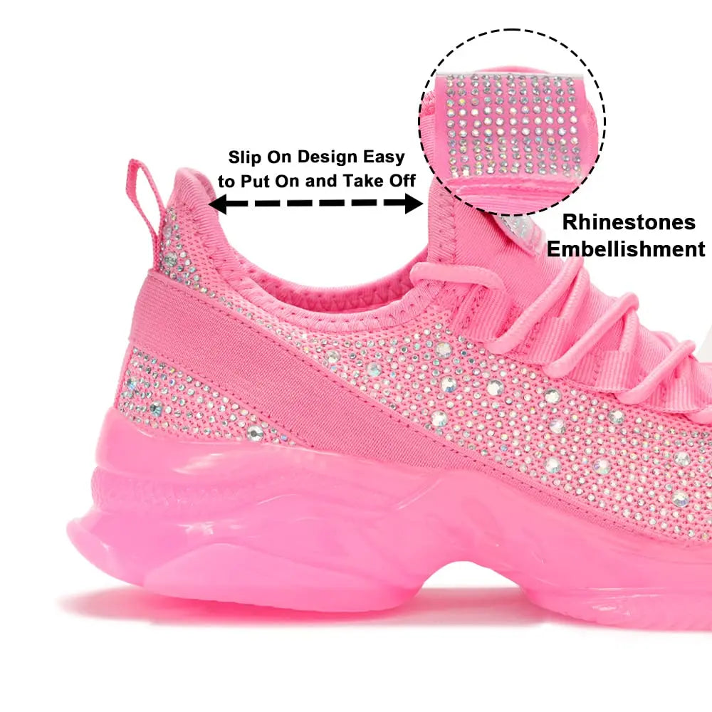 Women's Rhinestone Mesh Slip On Walking Shoes Fashion Breathable Spakle Glitter Sneaker