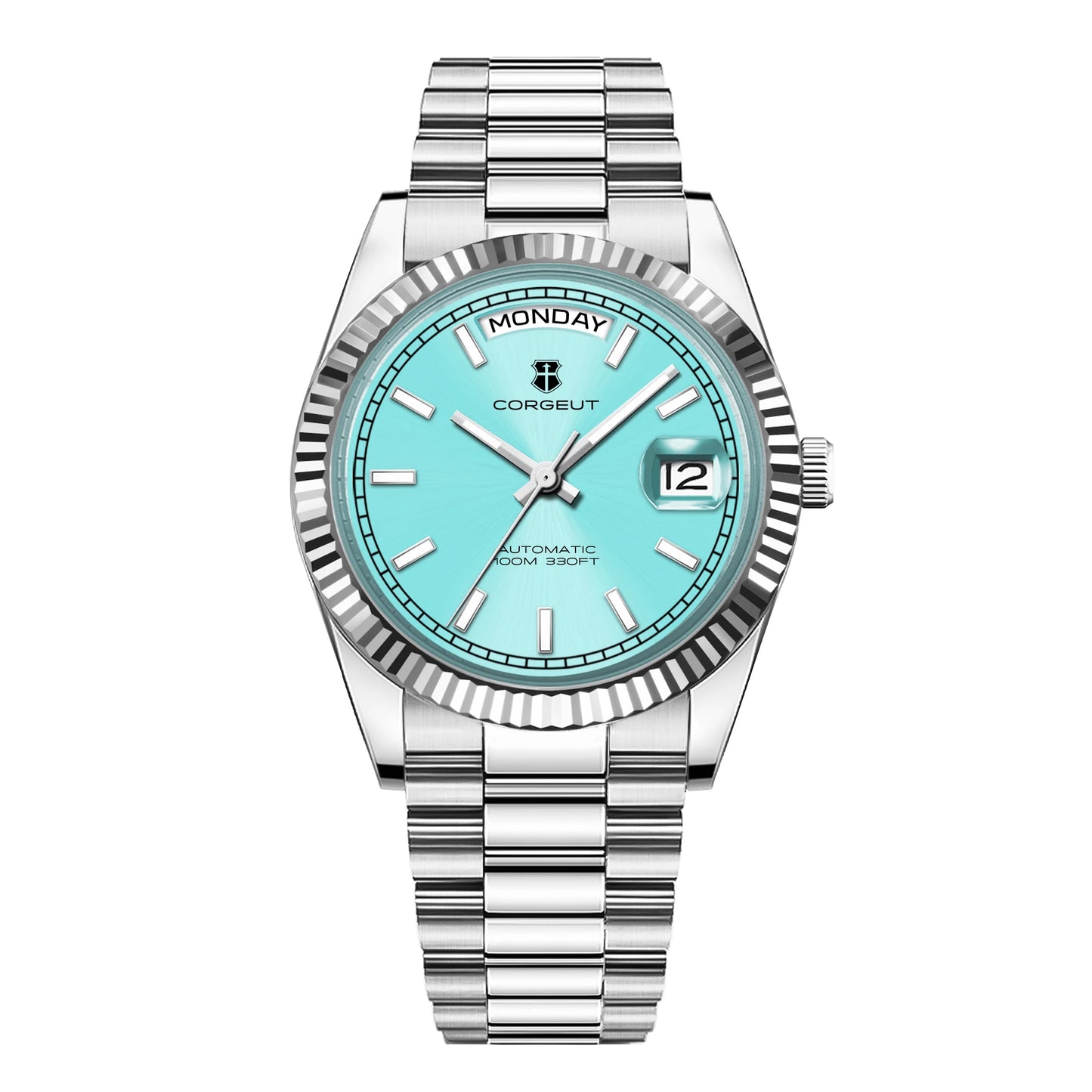 CORGEUT NH36 Mechanical Men's Watch Date of the Week Show President Chain Strap Steel Case Watch Threaded Arc Bezel waterp