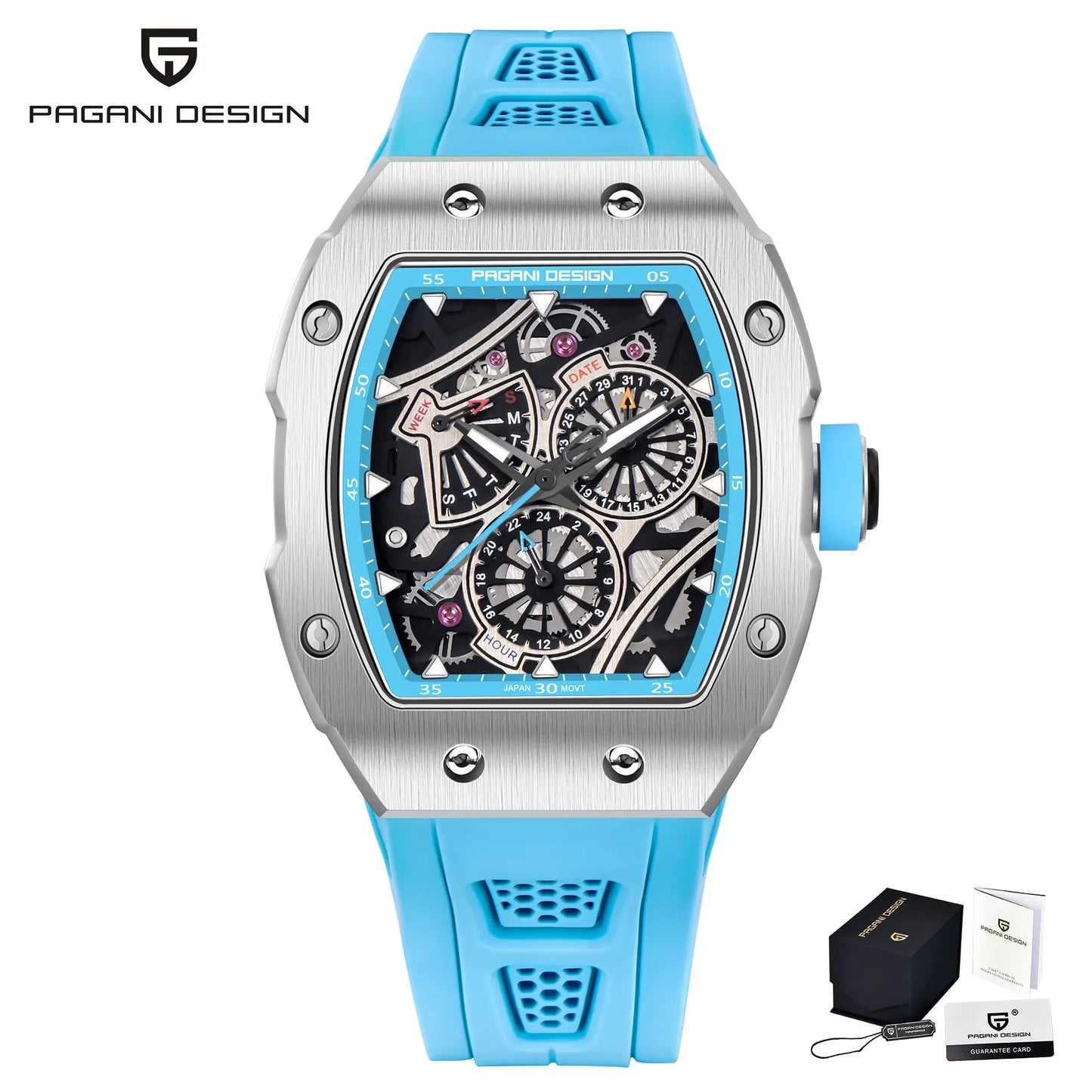 PAGANI DESIGN skeleton Watch Sapphire YS012 Automatic Men’s Quartz Watch Silicone Square Clock Waterproof Relogio Masculino