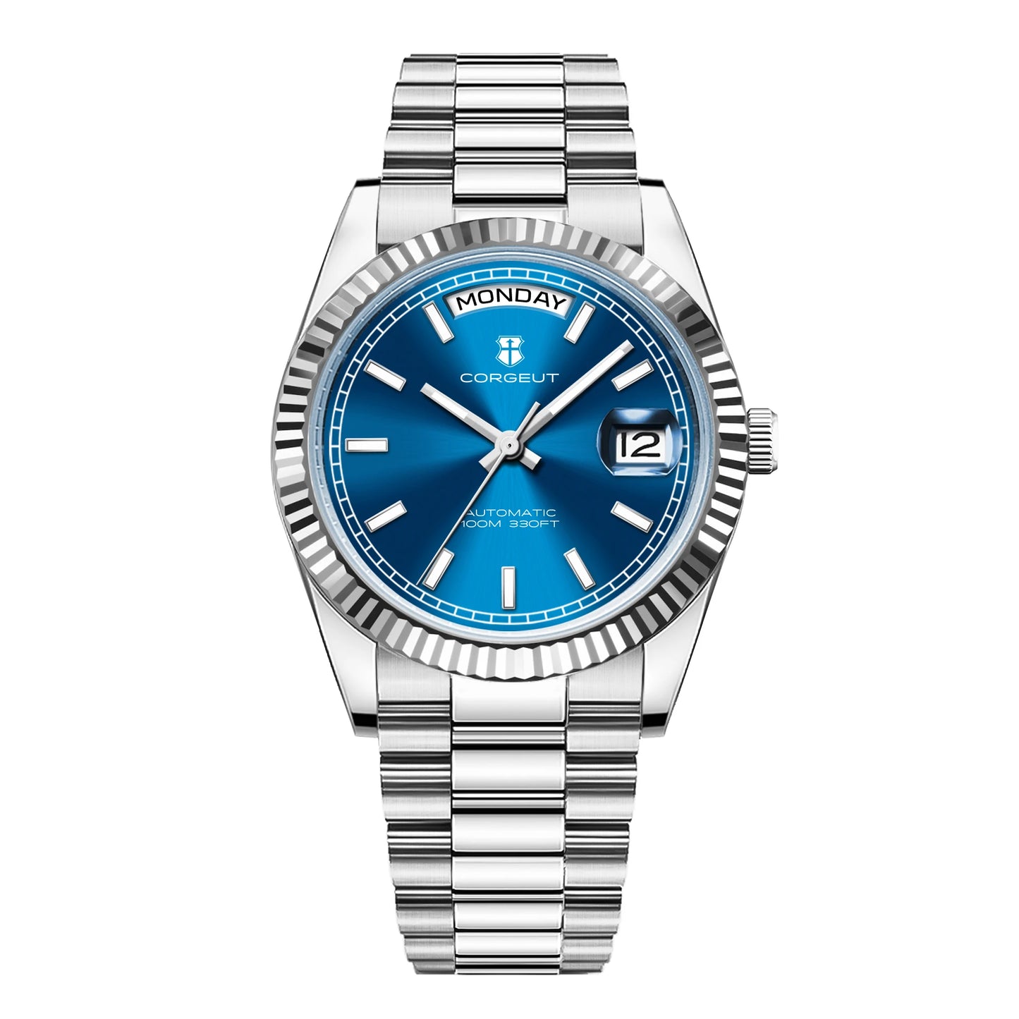 CORGEUT NH36 Mechanical Men's Watch Date of the Week Show President Chain Strap Steel Case Watch Threaded Arc Bezel waterp