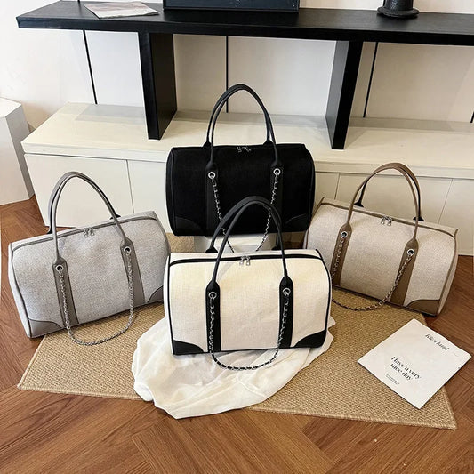 2025 New Commuter Travel Women's Bag Large Capacity Canvas Handbags Simple Fashion Shoulder Bag Luxury Chain Tote Bag