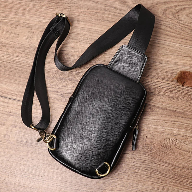 LUOKIR Men's Genuine Leather Chest Bag Cowhide Crossbody Simple Outdoor Small Backpack Casual Fashion Shoulder Sling Bags