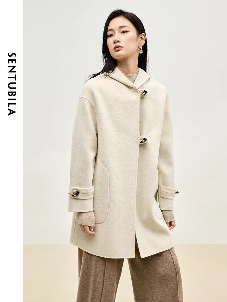 SENTUBILA Double Sided 100% Woolen Coat 2025 Winter Mid-length Straight Bull Horn Buckle Female Hooded Outwear W44O55979