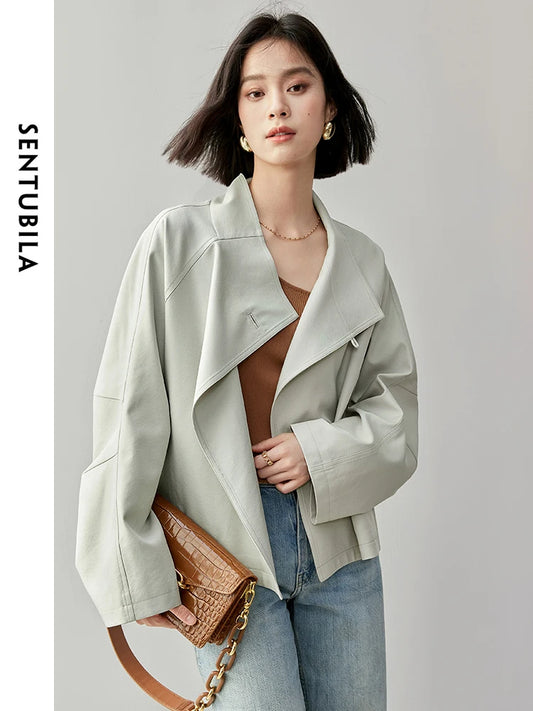 SENTUBILA Stand Collar Single Button Trench Coats For Women 2025 Autumn Fashion Loose Casual Loose Simple Women Coats 143F55826