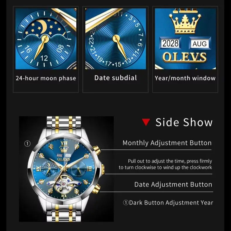 OLEVS 6621 Mens Watch High-end Automatic Mechanical Watches Flywheel Hollow Dial Calendar Moon phase Waterproof Man Wristwatch