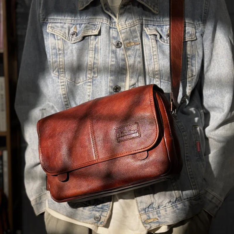 Leather shoulder bag men's messenger bag casual men's bag tide brand high-capacity leather messenger bag tooling backpack.