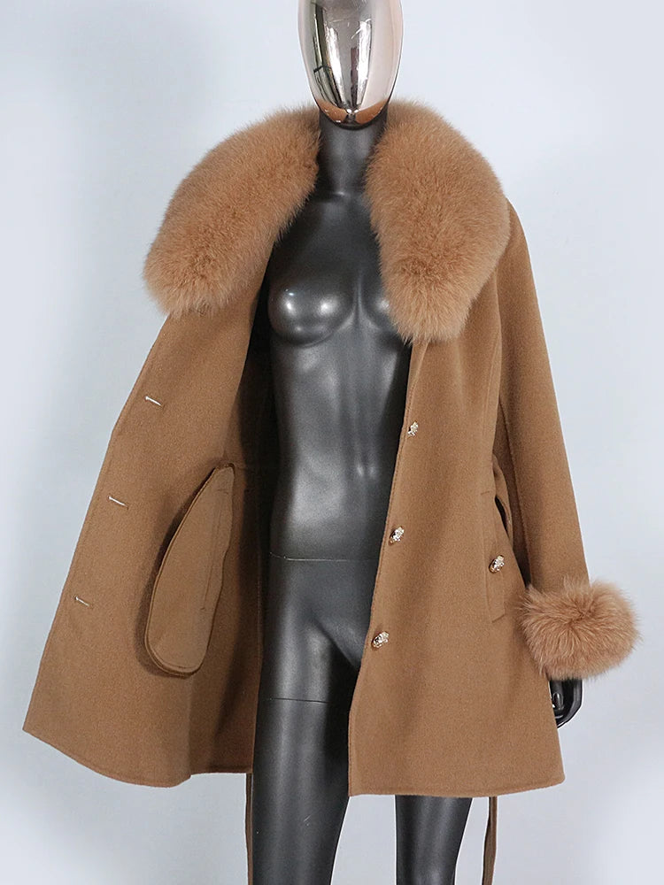 2022 Winter Jacket Women Real Fur Coat Natural Fox Fur Collar Cuffs Belt Cashmere Wool Woolen Warm Outerwear Fashion Streetwear