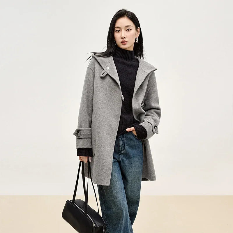 SENTUBILA Double Sided 100% Woolen Coat 2025 Winter Mid-length Straight Bull Horn Buckle Female Hooded Outwear W44O55979