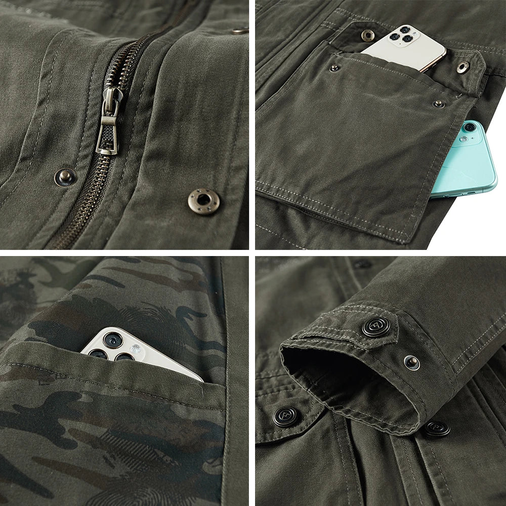 Spring Autumn Men's Military Cargo Jackets Casual 100% Cotton Multi-pocket Stand Collar Loose Mid-length Coats Male Big Size 6XL
