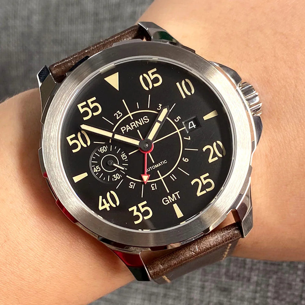 PARNIS GMT Pilot Vintage Automatic Watch for Men 316L Stainless Steel Leather Band Glass Back ST2557 Movement Sports Watches