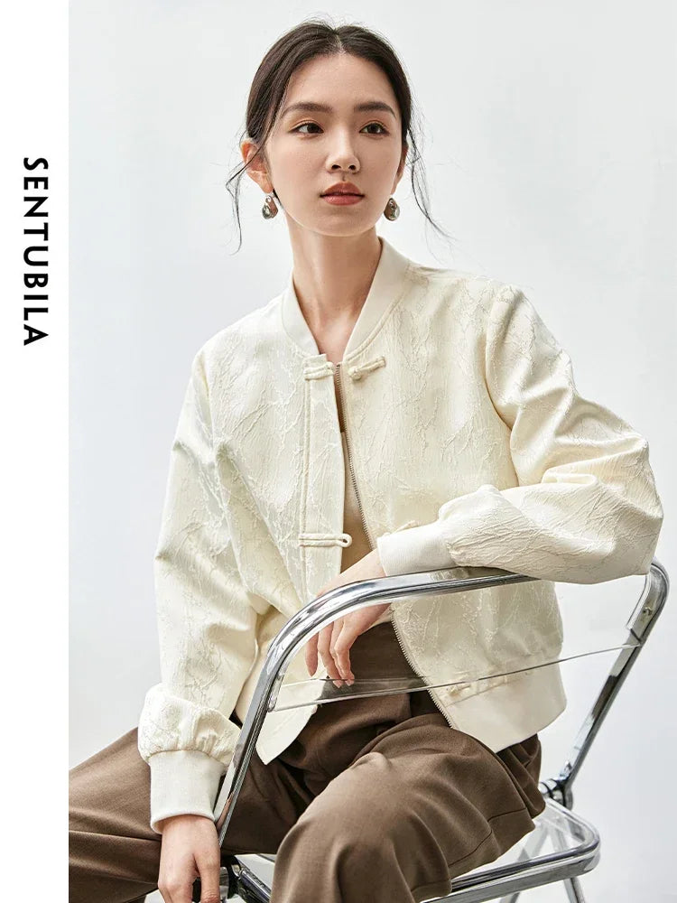 SENTUBILA New Chinese Style Jacquard Baseball Jacket for Women 2025 Autumn Fashion Loose V Neck Long Sleeve Coat 143W55778