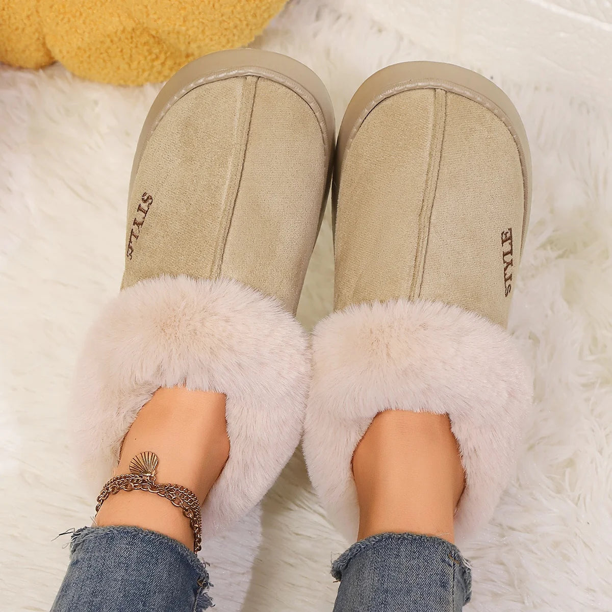 Women's Winter Fur Shoes Male Ankle Boots Platform Slippers Home Warm Fashion Outdoor Basis Thick Wool Wool Short Boots