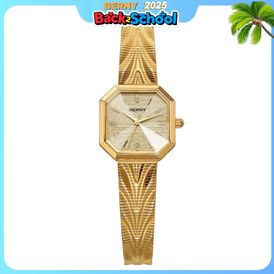 BERNY Gold Watch for Women Grit Dial Octagonal Ladies Quartz Wristwatch Stainless Steel Women Small Golden Watch Luxury Watches