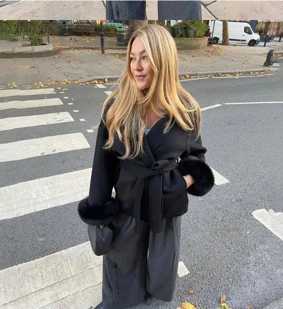 Elegant Lace Up Fur Patchwork Coat Women Loose Solid Long Sleeve V-neck Open Stitch Coats Female 2025 Autumn Fashion Lady Jacket