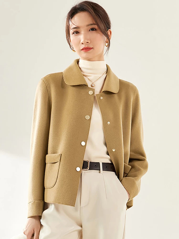 SENTUBILA Women 100% Wool Coat 2025 Office Lady Elegant Fashion Warm Solid Vintage Turn-down Collar Pocket Short Coats W24O43399