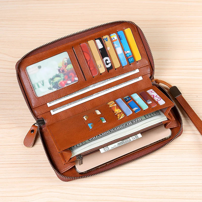 Men's leather wallet long new soft cowhide handbag travel light luxury simple large capacity anti-theft brush gradient color yel