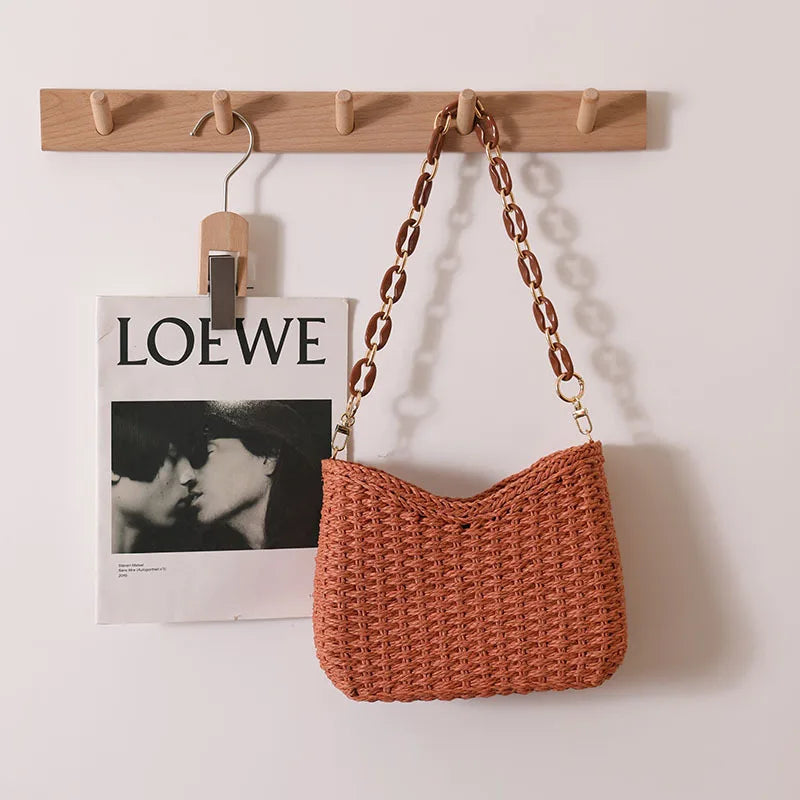 Small fresh purple underarm woven bag New crescent single shoulder solid straw woven bag Women's beach holiday beach bag