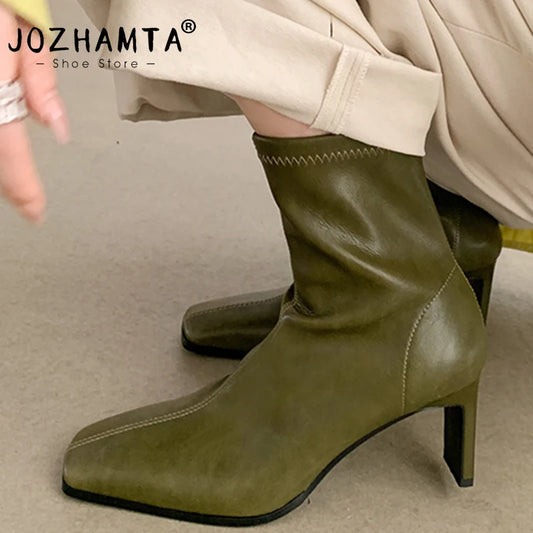 JOZHAMTA Size 34-40 Real Leather Ankle Boots For Women Stone Block High Heels Shoes Winter 2025  Fashion Office Lady Dress