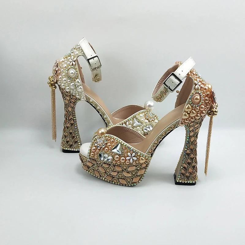 Champagne Crystal Bridals Party shoes 11cm Strange Heel Women Summer Sandals Evening Party shoes Open Toe Sandals Ankle Strap