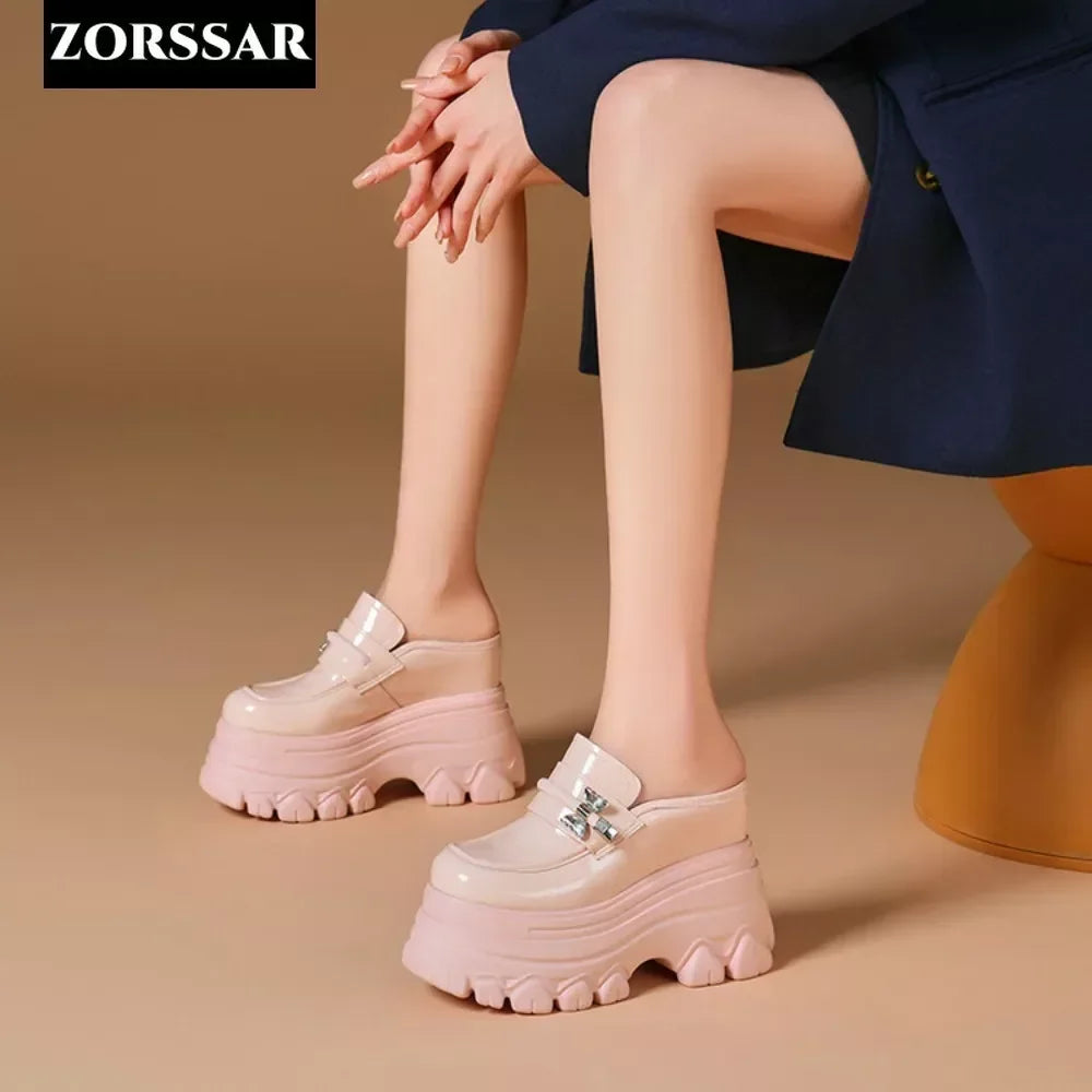 High Heels Baotou Half Slippers Women's Summer 2024 New Genuine Leather Fashion Women's Mules Shoes Thick Heel Wedges Slippers
