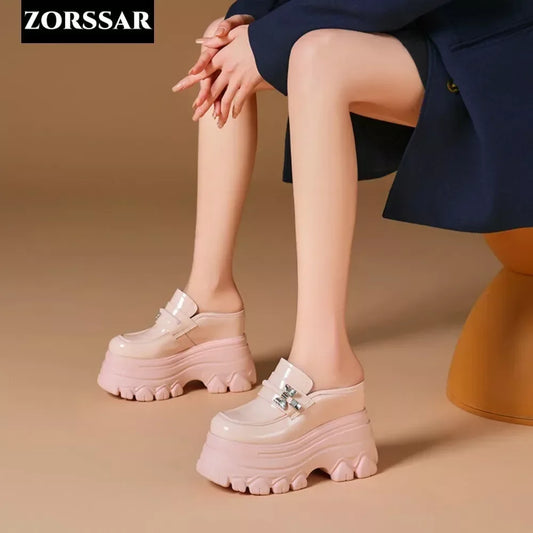 High Heels Baotou Half Slippers Women's Summer 2024 New Genuine Leather Fashion Women's Mules Shoes Thick Heel Wedges Slippers