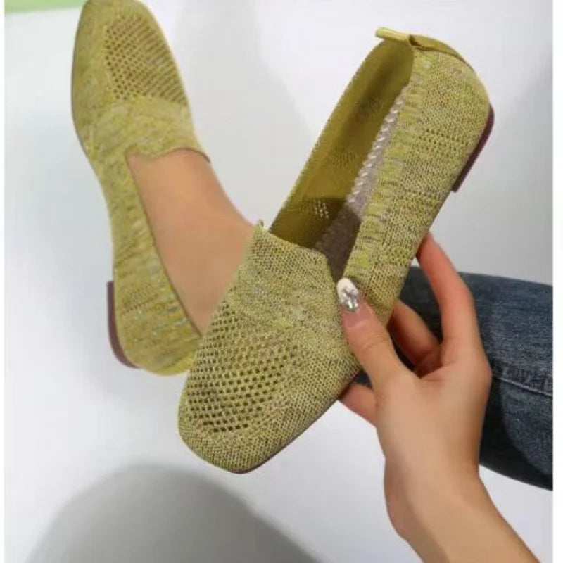 Flat Mesh Knitted Striped Flats Shoes for Women Autumn New Light Slip on Flat Casual Shoes Ladies Square Toe Breathable Sneakers