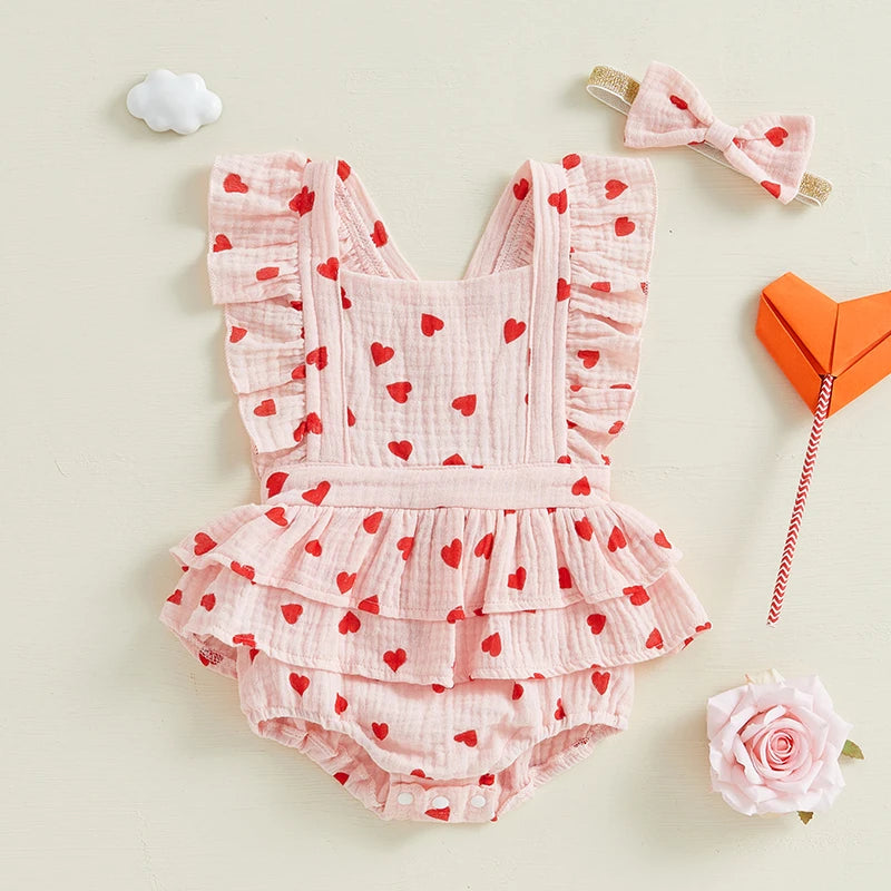 Infant Toddler Baby Girls Valentine's Day Romper Bow/Heart Print Flutter Sleeves Square Neck Bodysuit with Bow Headband