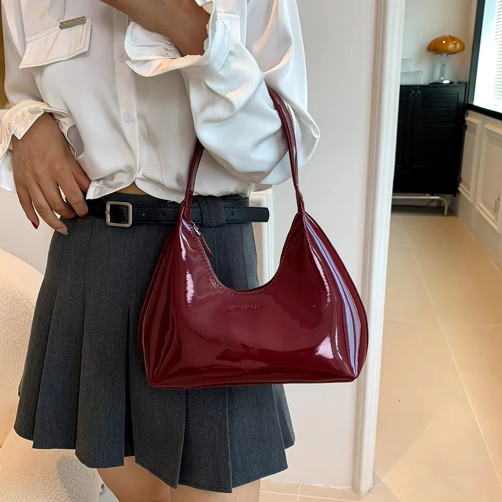 Women Burgundy Shoulder Bag Luxury Design Wine Red Half Moon Handbag Fashion Pu Leather Handbag Small Crescent Underarm Bags New