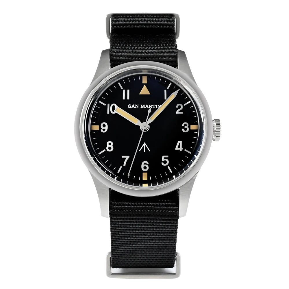 San Martin 36mm Men Pilot Watch VH31 Mechaquartz Movement Sweep Second Quartz Series Simple Style Nylon Strap 10 Bar Luminous