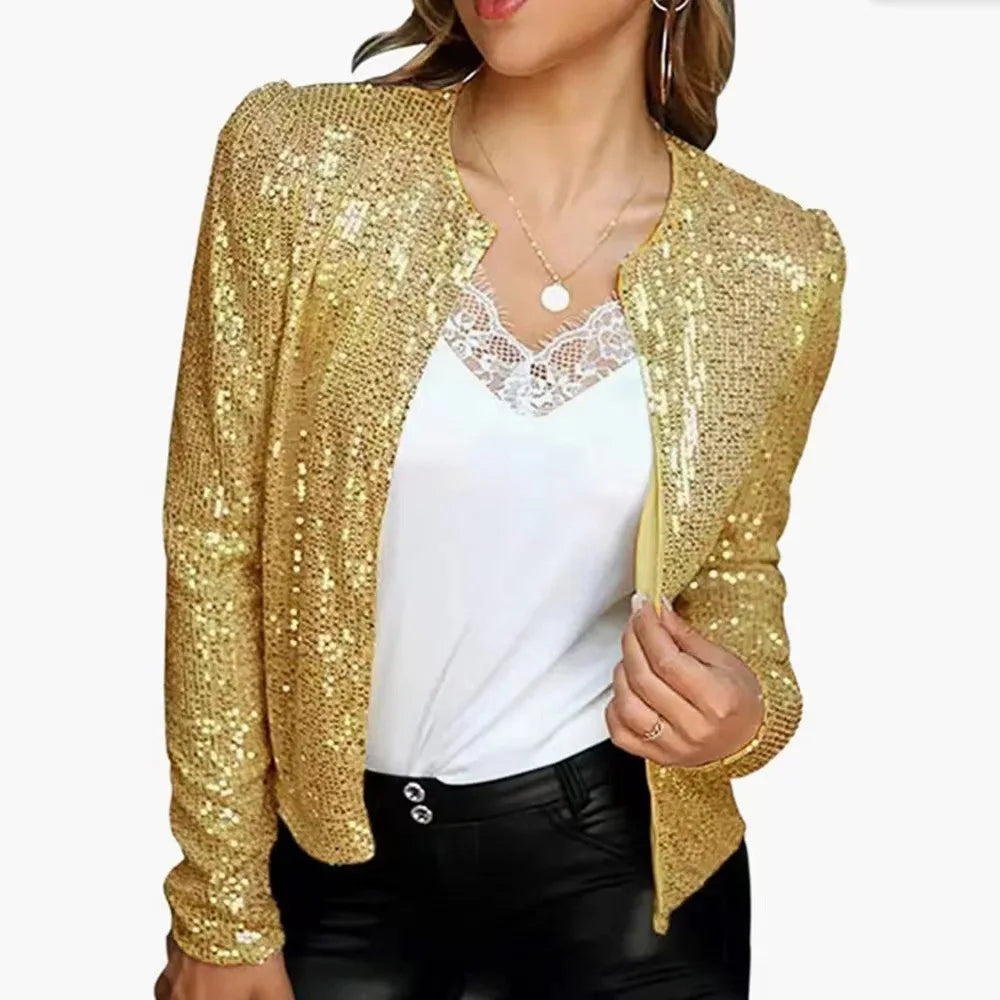 Women Fashion Long Sleeve O-neck Sequins Jacket Lady Elegant Solid Color Cardigan Jackets Female Spring Autumn Chic Short Coat