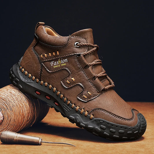 Microfiber Leather Men Boots Outdoor Sports Non-slip High-top Hiking Shoes for Men Optional Plush Winter Ankle Boots Big Size