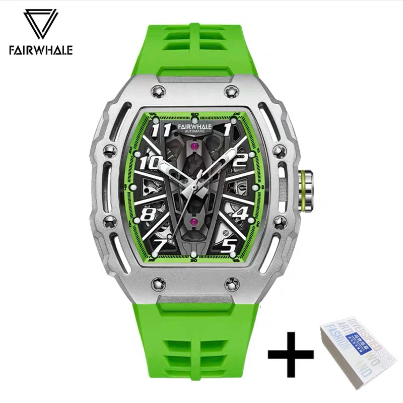2025 Fashion Skeleton Automatic Watch Men Sports Silicone Strap Tonneau Red Wristwatch Man Luxury Mechanical Clocks Reloj Hombre