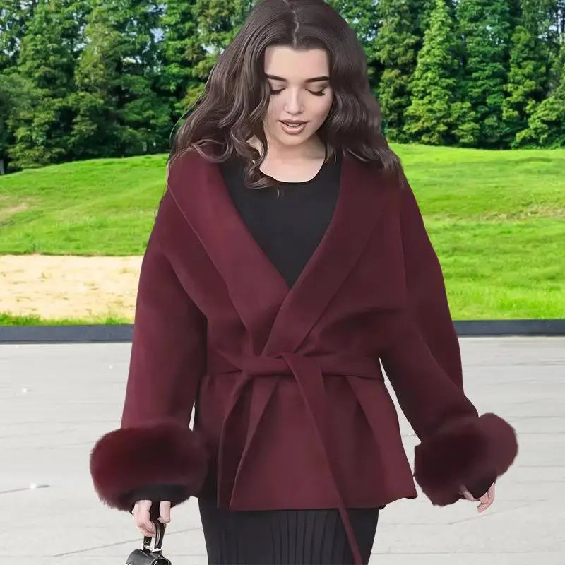 Elegant Lace Up Fur Patchwork Coat Women Loose Solid Long Sleeve V-neck Open Stitch Coats Female 2025 Autumn Fashion Lady Jacket
