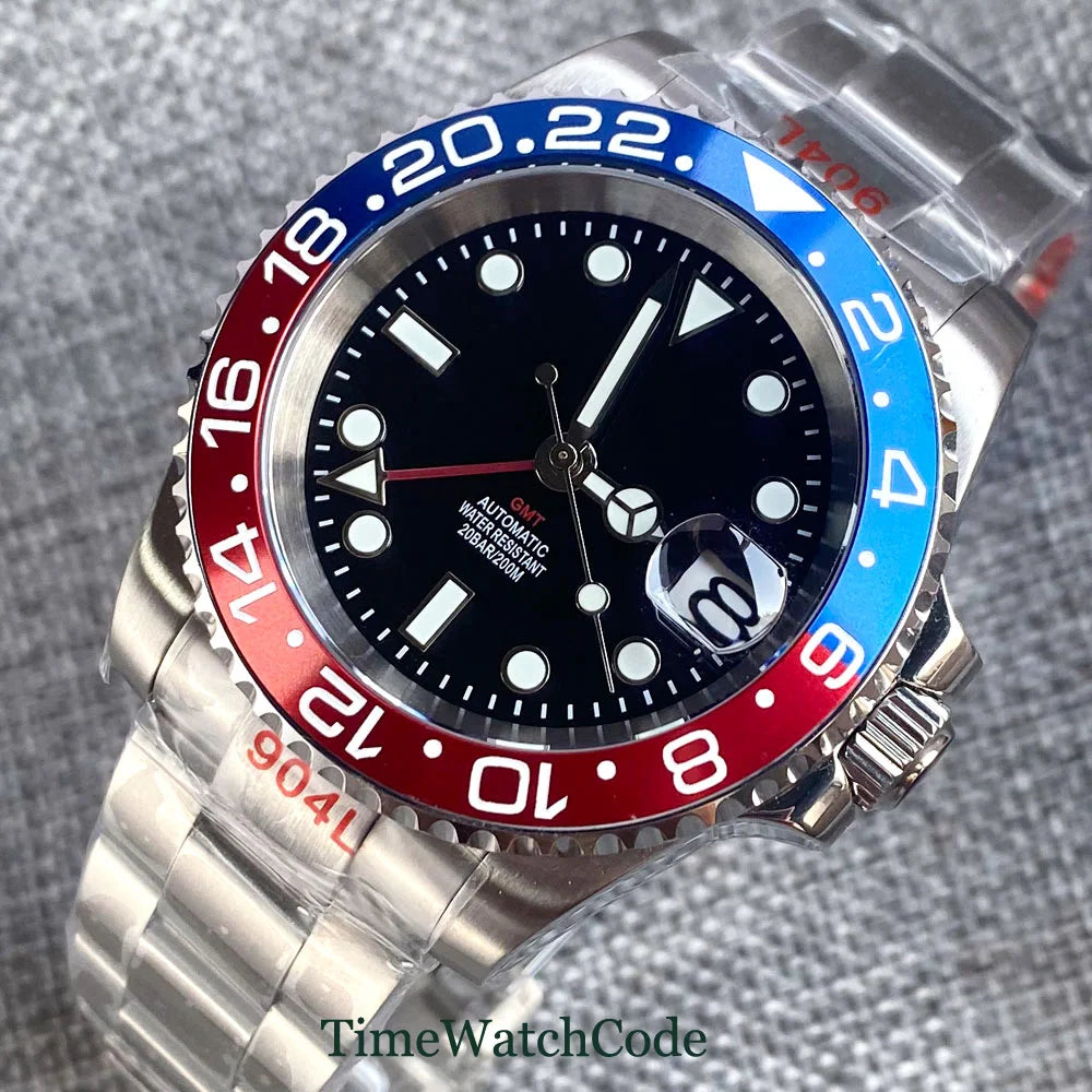 Tandorio 40mm NH34A Men's Automatic Watch GMT Function Luminous Black Dial Sapphire Crystal Auto Date Bracelet Rotating Bezel