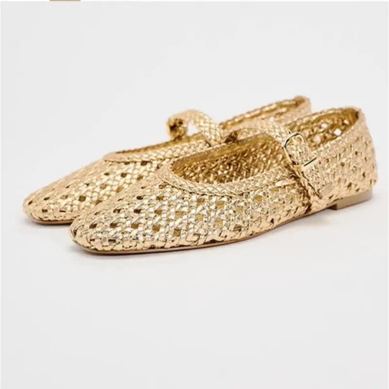 Banyiyou 2025 Autumn Mary Jane Shoes Woman Golden Braided Ballet Flats Shoes Women's Square Toe Flat with Buckle Single Shoe
