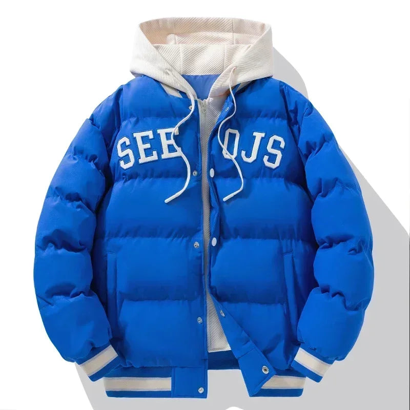 2024 Winter Baseball Jacket Harajuku Fake 2 Pct Design Thick Down Cotton Padded Coat Streetwear Loose Cold-proof Hooded Coat