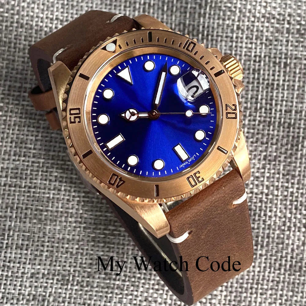 Tandorio Real Bronze Diver Mechanical Watch Men Sunburst Green Wristwatch NH35AA Movt Leather band Vintage Waterproof Lume Clock
