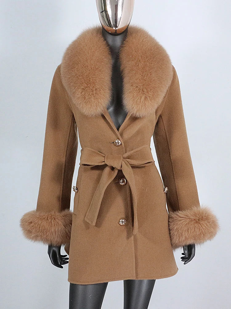 2022 Winter Jacket Women Real Fur Coat Natural Fox Fur Collar Cuffs Belt Cashmere Wool Woolen Warm Outerwear Fashion Streetwear
