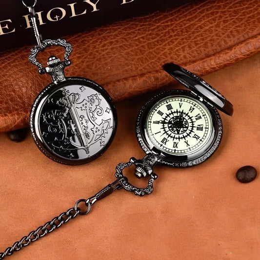 Black Deacon pocket watch anime pocket watch necklace watch dial fashionable quartz watch flip Roman
