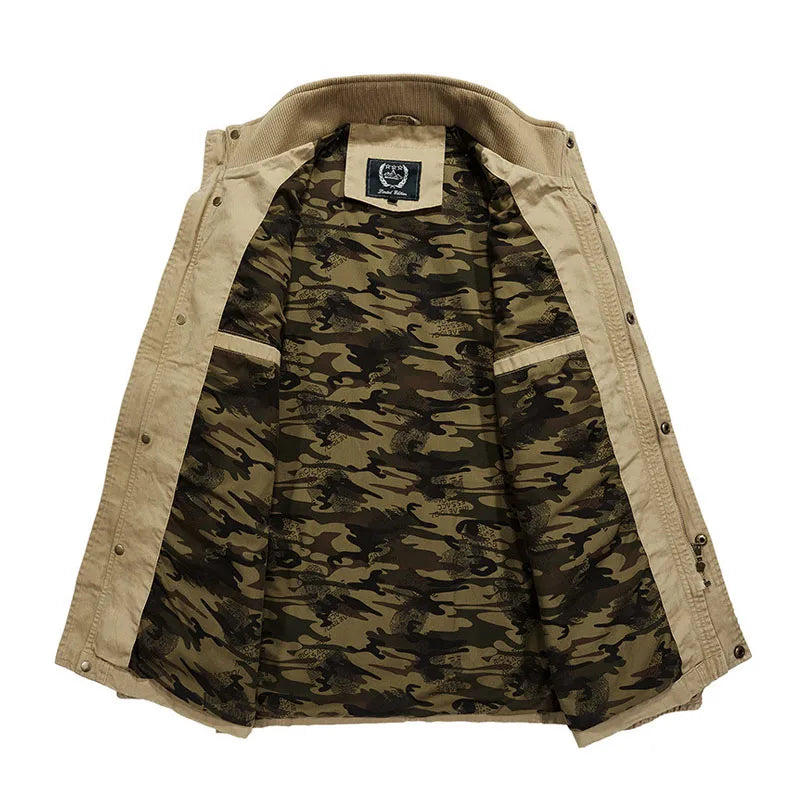 Spring Autumn Men's Military Cargo Jackets Casual 100% Cotton Multi-pocket Stand Collar Loose Mid-length Coats Male Big Size 6XL