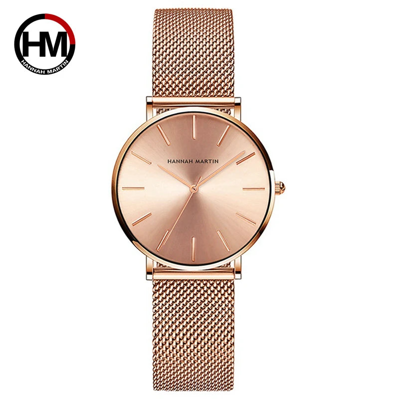 Hannah Martin Original Women Watch With Japanese Imported Movement Fashionable Simple Style Stainless Steel Mesh Rose Wristwatch