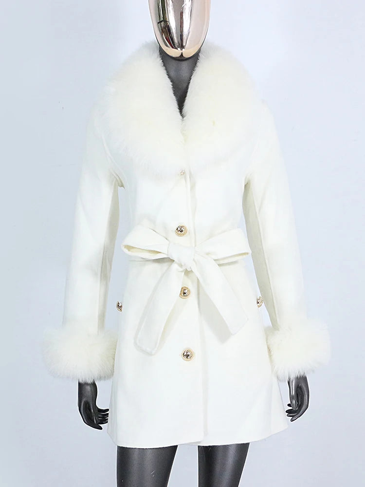 2022 Winter Jacket Women Real Fur Coat Natural Fox Fur Collar Cuffs Belt Cashmere Wool Woolen Warm Outerwear Fashion Streetwear