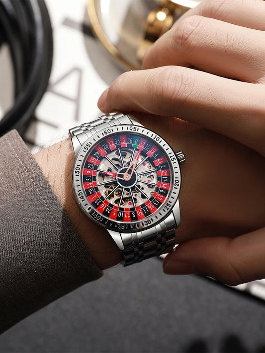 DULUNWE Men's Automatic Watch Luxury Rotating Roulette Mechanical Skeleton 30M Waterproof