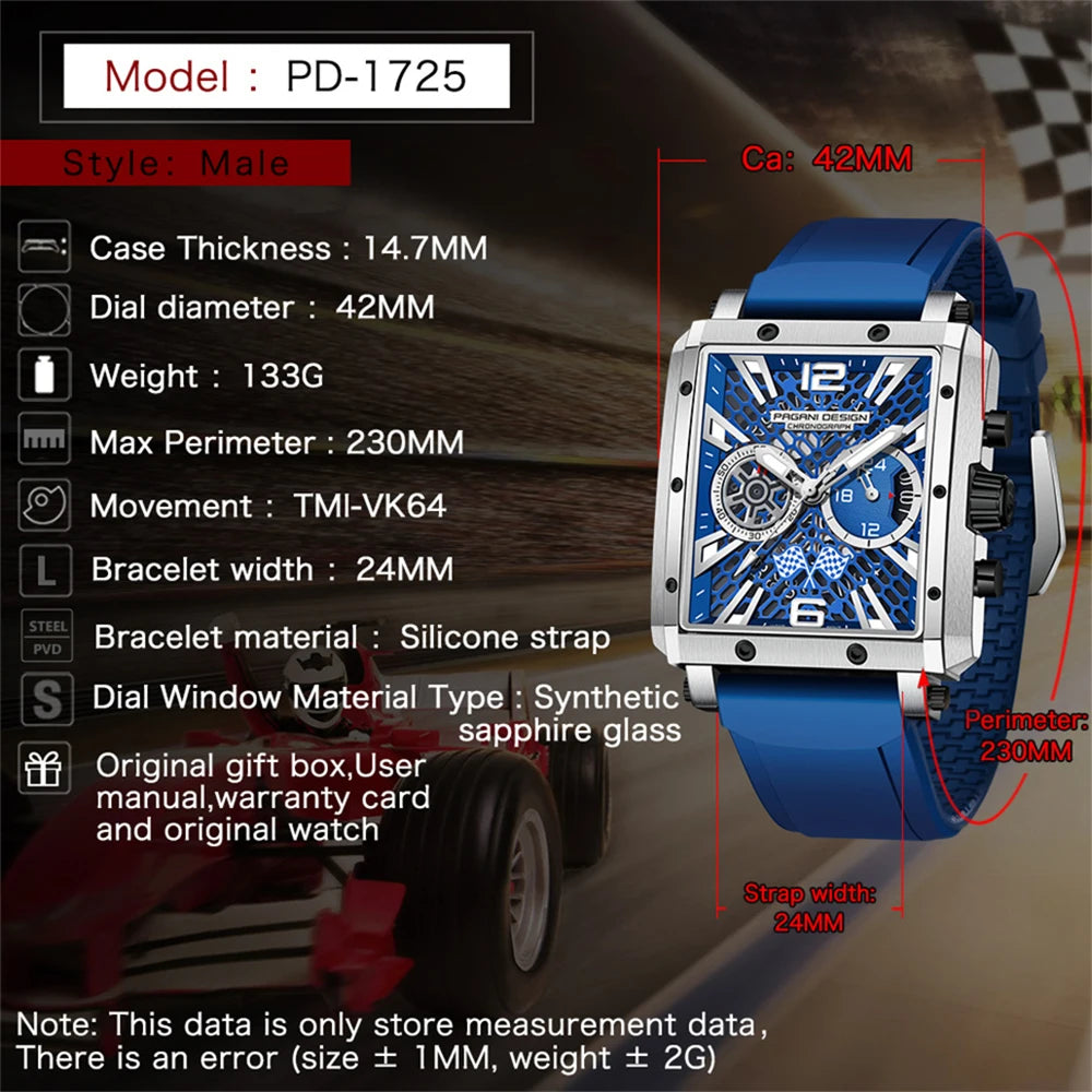 PAGANI DESIGN 2022 New Rectangular Watches for Men Top Brand Men's Sports Quartz Watches Skeleton Automatic Date Chronograph