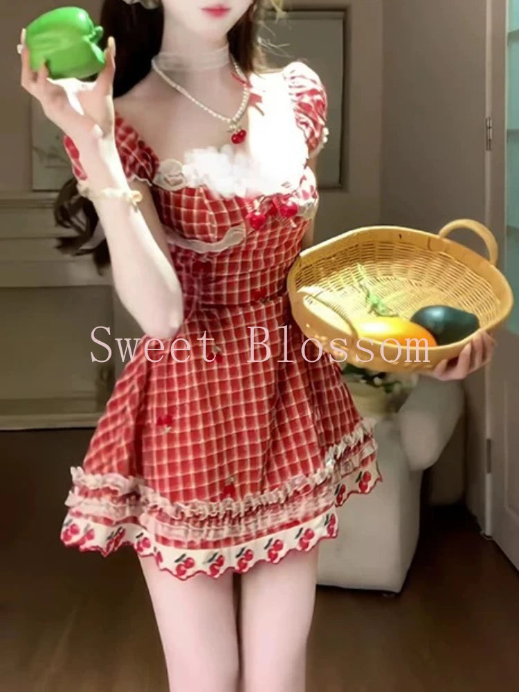French Elegant Sweet Red Plaid Dress Women New Design Lace Patchwork Kawaii Dresses Harajuku Fashion Y2k Slim Summer Clothing