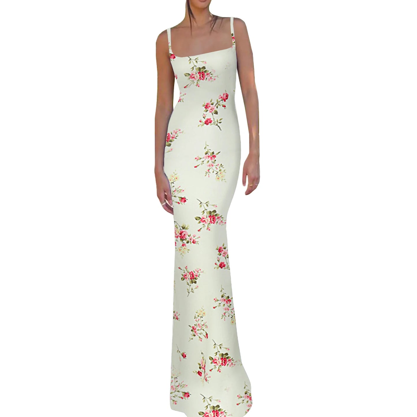 Women Chic Tube Backless Dress Spaghetti Strap Satin Elegant Maxi Bodycon Long Dress Y2K Floral Printed Sundress Streetwear
