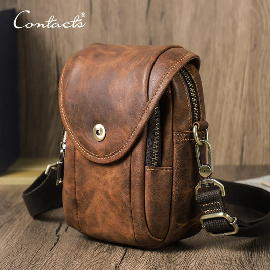 CONTACT'S Genuine Leather Sling Shoulder Bags for Men Waist Bags Belt Fanny Packs Small Messenger Phone Bag Male Travel Bum Bag